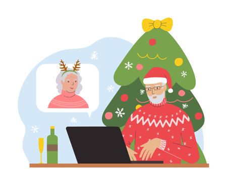 Modern elderly man congratulating woman online using laptop and internet.Christmas and New Year postcard.Distance celebration of holiday concept.Isolated.Vectorのイラスト素材