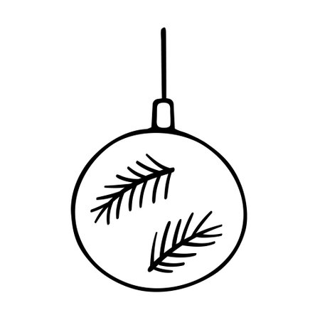Doodle Christmas ball,hand drawn decoration,New Year toy,festive element.Use for holiday cards,coloring book,posters,banners,calendars,print.Outline drawing picture.Isolated Vectorのイラスト素材