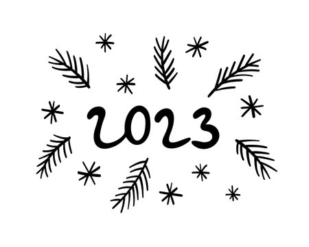 New Year 2023, hand-drawn poster, sketch doodle style. Festive banner for holiday, drawing by ink,...