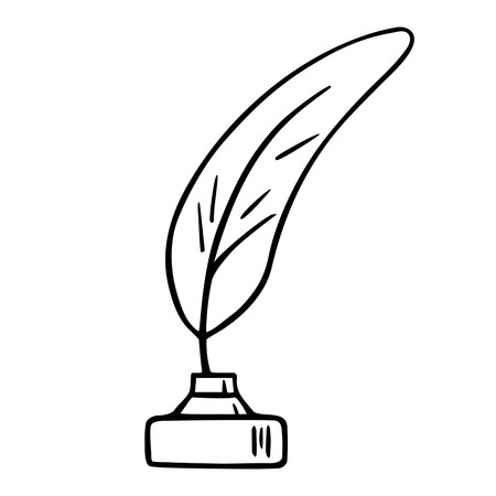 Bird feather quill and inkwell, writing ink pen, hand drawn outline, doodle sketch. Freehand, minimalism style, line art. isolated. vectorのイラスト素材