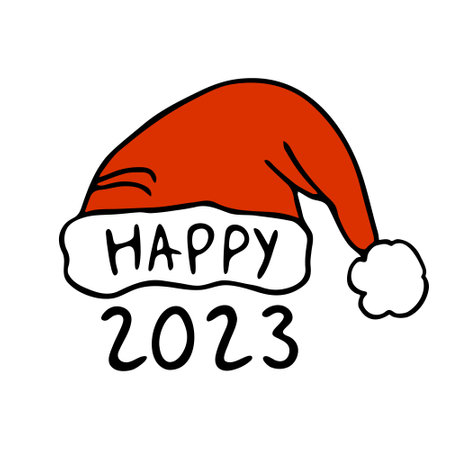 Hand-drawn new year poster 2023 with new year hat, christmas cap doodle style. Banner with festive headdress for holiday, drawing by ink, pen, marker. isolated. vectorのイラスト素材
