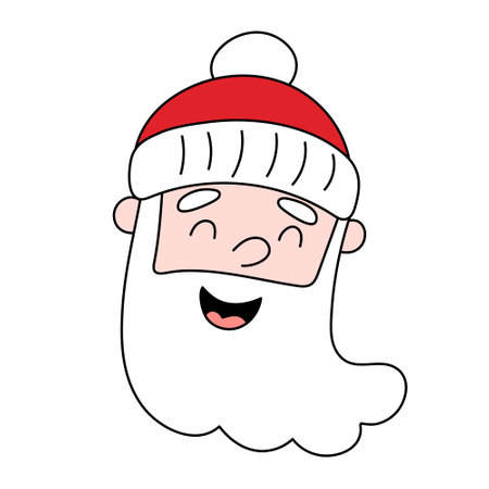 Santa Claus doodle face,Christmas or New Year festive character,social media fairy avatar.Use for holiday postcards,posters,banners,calendars.Doodle cartoon flat style.Editable stroke.Isolated.のイラスト素材