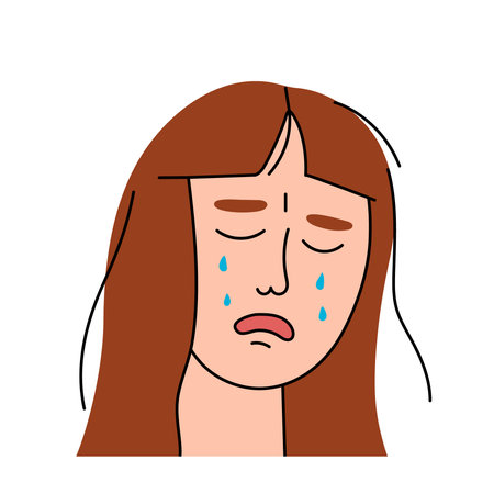 Sad woman cries with pain and grief. Sobbing girl flat character sheds tears, expresses the emotions of misfortune and despair . Isolated. Vector illustration.のイラスト素材