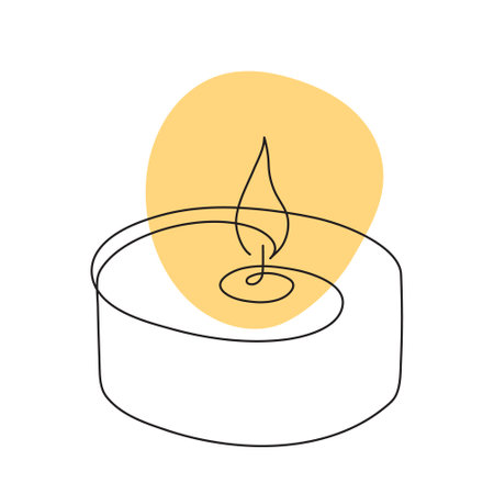 Candle one-line continuous contour,blackout time burning skied ball illumination.Hand-drawn contour outline,candlelight fire,decoration for power outage or romantic dinner.Editable strokeのイラスト素材