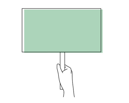 Hand holds poster,palm with placard.Showing social message Demonstration of opinion human rights,peaceful protest blank template, democracy concept.Editable stroke.Isolated.Vectorのイラスト素材