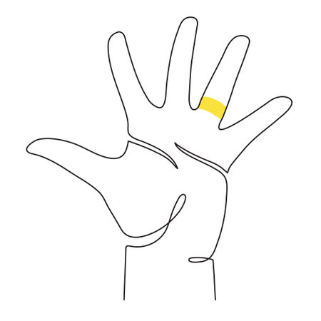 Hand with ring one line art, love and marriage concept continuous contour drawing, hand-drawn. Bridal, nuptials, engagement symbol. Editable stroke.Isolated.Vectorのイラスト素材