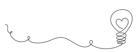 Lightbulb with heart one-line continuous contour,hand-drawn electric device contour outline.Electric lighting and illumination romantic decoration design.Editable stroke.Isolated.Vectorのイラスト素材