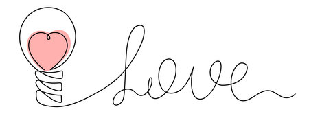 Lightbulb with love,one-line continuous contour,hand-drawn electric device contour outline.Electric lighting and illumination romantic decoration design.Editable stroke.Isolated.Vectorのイラスト素材