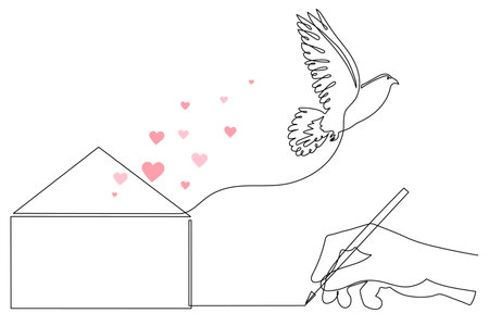 Homing-pigeon carries handwritten love letter, one line art continuous contour. Hand drawn dove with romantic message,bird correspondence delivery concept.Editable stroke.Isolated. vectorのイラスト素材