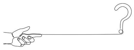 Hand holds question mark one line art, hand drawn asking sign, idea continuous contour. Query FAQ concept, finding answer. Editable stroke. Isolated.Vectorのイラスト素材