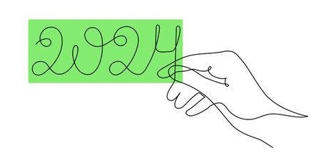 Hand holds 2024 one line art, hand drawn continuous contour. Holiday concept, festive New year handwriting text, minimalist design. Editable stroke. Isolated.Vectorのイラスト素材