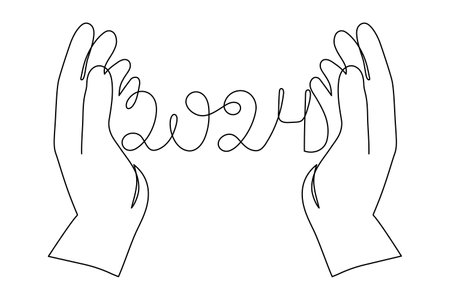 Hands hold 2024 one line art, hand drawn continuous contour. Holiday concept, festive New year handwriting text, minimalist design. Editable stroke. Isolated.Vectorのイラスト素材