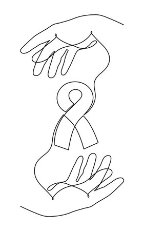 Hand with ribbon, world cancer day concept one-line art,fight against oncological disease hand drawn continuous contour,support and help decoration.Editable stroke.Isolated. vectorのイラスト素材