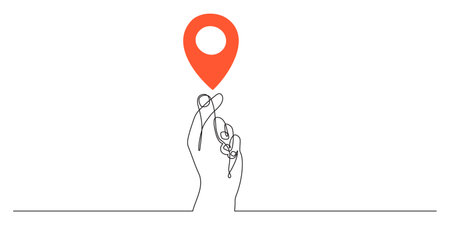Hand holds points location at map one line art,hand drawn way destination continuous contour,trendy palm template direction, gps navigation concept.Editable stroke.Isolated. vectorのイラスト素材