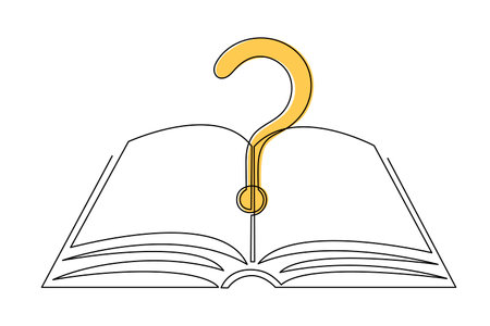 Book with question one line art,hand drawn asking sign continuous contour.Query FAQ concept,finding answer in literature.Education studying learning concept outline.Editable stroke.Isolatedのイラスト素材