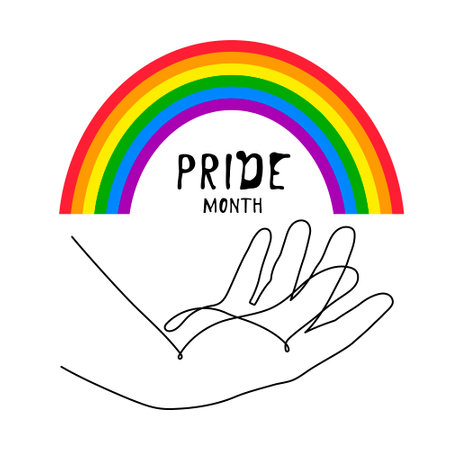 Hand with LGBT flag rainbow one line art,hand drawn pride month decoration continuous contour.People's rights movement,diversity love time, outline design.Editable stroke.Isolated. vectorのイラスト素材
