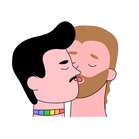 Men gay kisses, LGBT love couple concept,hand drawn pride month flat decoration. People's rights movement, diversity relationship time design.Isolated.Vectorのイラスト素材