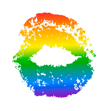 Lips imprint LGBT flag rainbow colors,hand drawn pride month traces decoration.Kisses, people's rights movement,diversity love time design.Isolated.Vectorのイラスト素材
