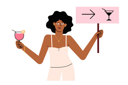 Summer afro american girl cartoony character holding plate pointer to the bar.Flat hand-drawn black woman is enjoying vacation tasting alcohol drink and and invites you to join.Isolated.のイラスト素材