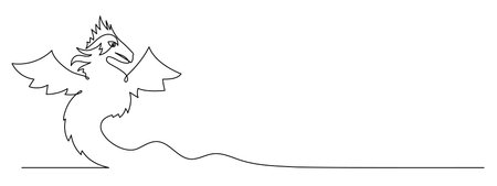 Dragon one line art,continuous contour drawing, hand-drawn mythical chinese animal outline, horoscope zodiac sign,fairy tale creature ancient dinosaur.Editable stroke.Isolated.Vectorのイラスト素材