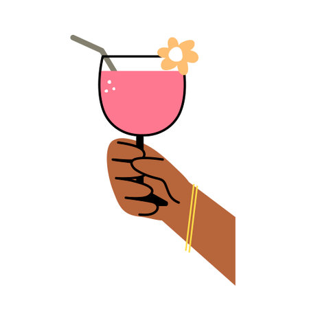 Hand holds cocktail clinking glass.Cheers toast, festive hand drawn alcohol drink decoration for holidays,romantic Valentine's Day design. Isolated.Vectorのイラスト素材