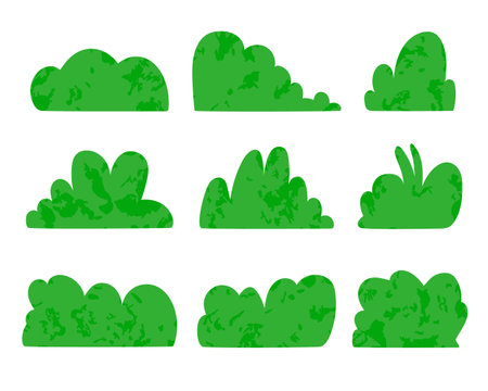 Green bushes set, textured natural plants, flat design, minimalist.Nature park and forest eco decoration.Isolated. vectorのイラスト素材
