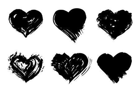 Grunge hearts set,abstract distress ink texture.Hand-drawn gouache romantic decoration for Valentine Day.Love symbol,festive design for February 14.Watercolor smear,roughness and scuffs.のイラスト素材