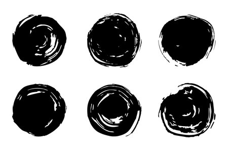 Grunge circles set,brushstrokes stains with streaks,splashes,spots,dots,streaks.Abstract messy round spots.Splatters of paint, watercolor for Rorschach Test.Overlay substrate design. Isolated.のイラスト素材