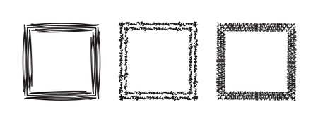 Square frames doodle set,hand-drawn monograms.Edgings and frames with simple sketchy design elements.Isolated. Vectorのイラスト素材