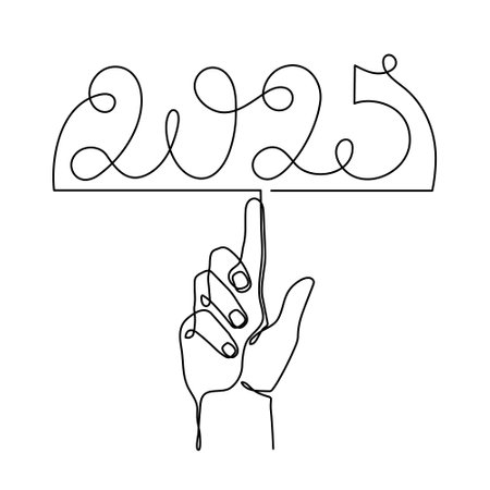 Hand holds 2025 one line art, hand drawn continuous contour. Holiday concept, festive New year handwritten text, minimalist design. Editable stroke. Isolated. Vectorのイラスト素材