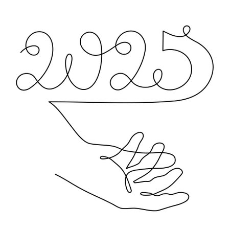 Hand holds 2025 one line art, hand drawn continuous contour. Holiday concept, festive New year handwritten text, minimalist design. Editable stroke. Isolated. Vectorのイラスト素材