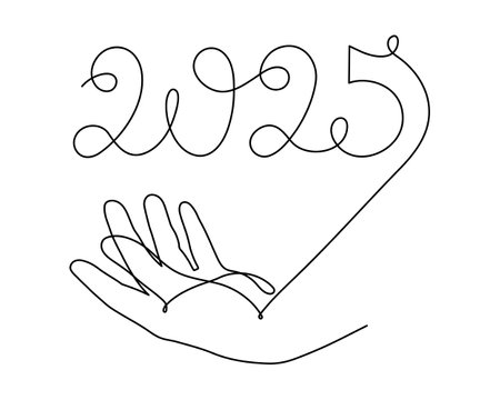 Hand holds 2025 one line art, hand drawn continuous contour. Holiday concept, festive New year handwritten text, minimalist design. Editable stroke. Isolated. Vectorのイラスト素材