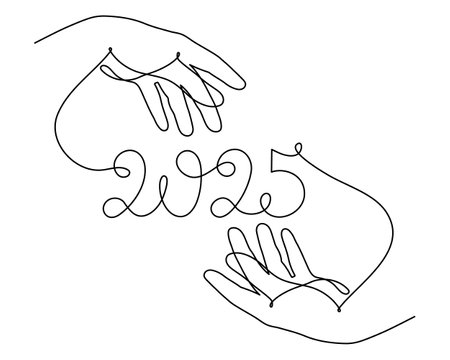 Hand holds 2025 one line art, hand drawn continuous contour. Holiday concept, festive New year handwritten text, minimalist design. Editable stroke. Isolated. Vectorのイラスト素材