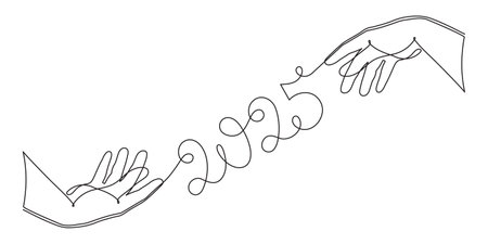 Hand holds 2025 one line art, hand drawn continuous contour. Holiday concept, festive New year handwritten text, minimalist design. Editable stroke. Isolated. Vectorのイラスト素材