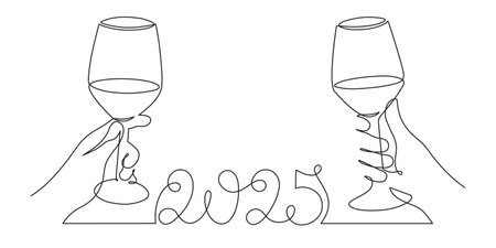 Hand holds wine clinking glass celebrating 2025 new year,one line art,continuous drawing contour.Cheers toast,festive hand drawn holiday decoration,simple minimalist design.Editable stroke.のイラスト素材