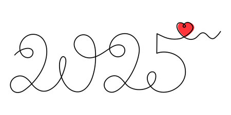 2025 with heart one line art, hand drawn continuous contour.Holiday romantic concept,festive lettering.New year handwriting text, linear style, minimalist design.Editable stroke.Isolated.のイラスト素材