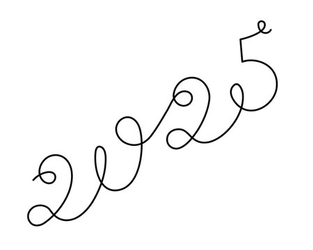 2025 one line art, hand drawn continuous contour.Holiday concept,festive lettering.New year handwriting text, linear style, minimalist design.Editable stroke.Isolated.Vectorのイラスト素材