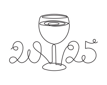 Glass, celebrating 2025 new year,one line art,continuous drawing contour.Cheers toast,festive hand drawn holiday decoration,simple minimalist design.Editable stroke.のイラスト素材