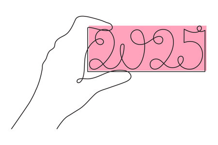 Hand holds 2025 one line art, hand drawn continuous contour. Holiday concept, festive New year handwritten text, minimalist design. Editable stroke. Isolated. Vectorのイラスト素材