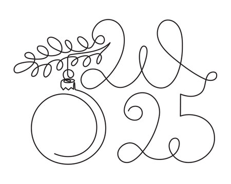 2025 and Christmas toy one line art, hand drawn continuous contour.Holiday concept,festive tree ball.New year handwritten text, linear style, minimalist design.Editable stroke.のイラスト素材