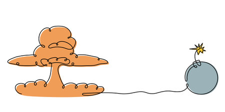 Bomb and nuclear blast one line art,hand-drawn military supply,radiation mushroom,world catastrophe,ammunition continuous contour.Dangerous explosion warhead,detonation of military weapons.のイラスト素材