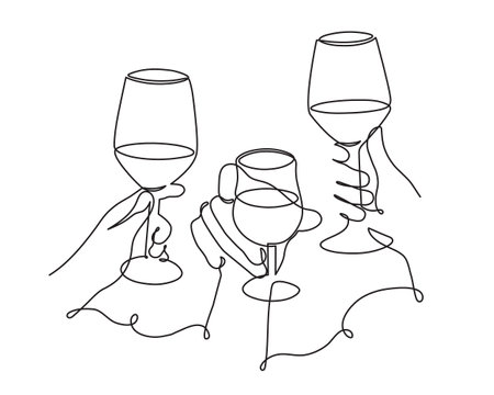 Hands hold cocktail clinking glass.Cheers toast, festive hand drawn alcohol drink decoration for holidays,romantic Valentine's Day design. Isolated.Vectorのイラスト素材