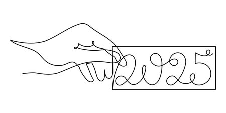Hand holds 2025 one line art, hand drawn continuous contour. Holiday concept, festive New year handwritten text, minimalist design. Editable stroke. Isolated. Vectorのイラスト素材