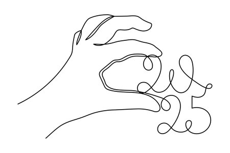 Hand holds 2025 one line art, hand drawn continuous contour. Holiday concept, festive New year handwritten text, minimalist design. Editable stroke. Isolated. Vectorのイラスト素材