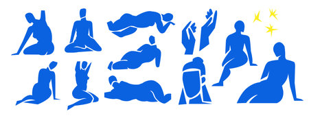 Cut out women set,contemporary pose silhouettes,hand drawn blue people body figures.Flat fashion modern art collage,applique trendy poster,Mid century print home design.Isolated.Vector illustrationのイラスト素材