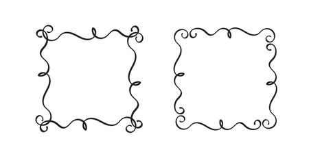 Square doodle frames,hand-drawn monograms.Edgings and cadres with simple sketchy design elements.Isolated.Vectorのイラスト素材