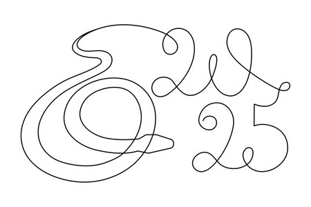 2025 year of snake one line art, hand drawn continuous contour.Holiday concept,festive New year Chinese astrological horoscope, poisonous reptile serpent outline.Editable stroke.Isolated.のイラスト素材