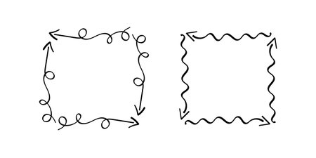 Square doodle frames, hand-drawn monograms.Edgings and cadres with simple sketchy design elements.Isolated.Vectorのイラスト素材
