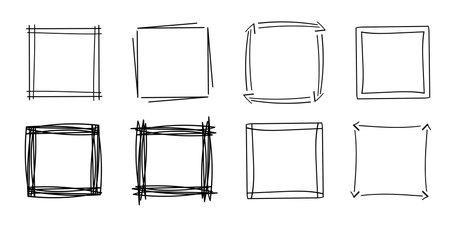 Square doodle frames, hand-drawn monograms.Edgings and cadres with simple sketchy design elements.Isolated.Vectorのイラスト素材
