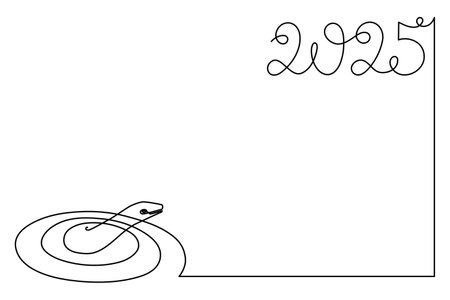 2025 year of snake one line art, hand drawn continuous contour.Holiday concept,festive New year Chinese astrological horoscope, poisonous reptile serpent outline.Editable stroke.Isolated.のイラスト素材
